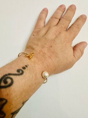 Gold Tone Initial A Pearl Open Cuff Bracelet